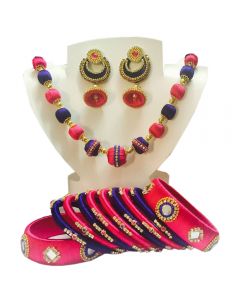Navy Blue with Pink Silk Thread Necklace Set