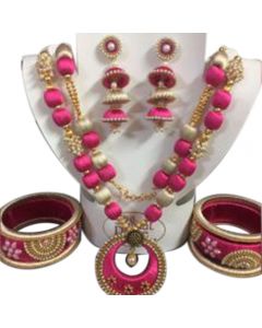 Pink With Golden Cream Silk Thread Necklace Set