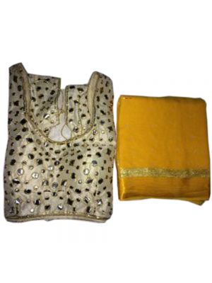 Mustard Yellow Fabric Pure Georgette Satin Patti Pearl Work Saree with Blouse