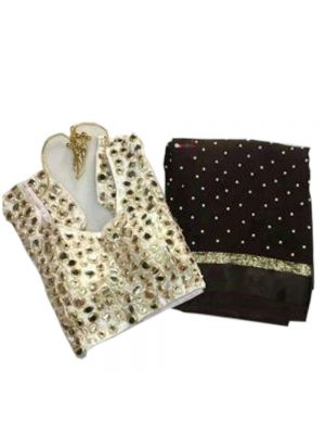 Brown Fabric Pure Georgette Satin Patti Pearl Work Saree With Blouse