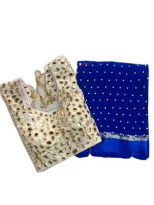 Navy Blue Fabric Pure Georgette Satin Patti Pearl Work Saree with Blouse