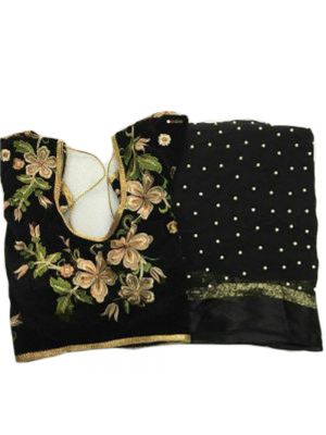 Black Fabric Pure Georgette Satin Patti Pearl Work With Blouse
