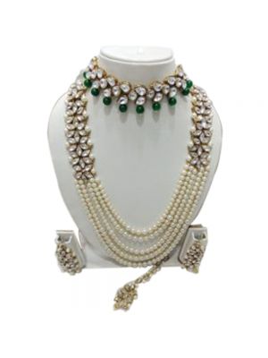 Five Layer Kundan And Green & White Pearl Combination Choker And Longer Necklace Set 