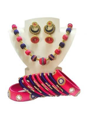 Navy Blue with Pink Silk Thread Necklace Set