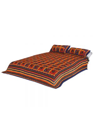 Pure Cotton Blue Fabric Katha Work Bed-sheet King Size With Two Pillow Covers