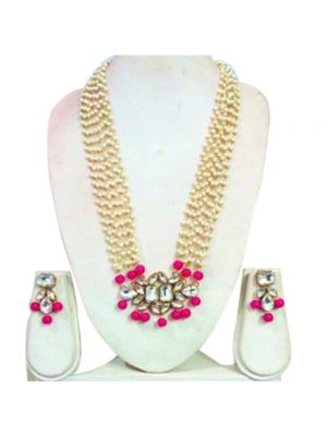 Long Chain Pearls Necklace With Pink And White Color Combination 
