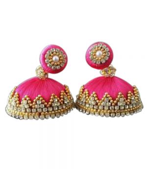 Pink Silk Threaded Jhumka Earring