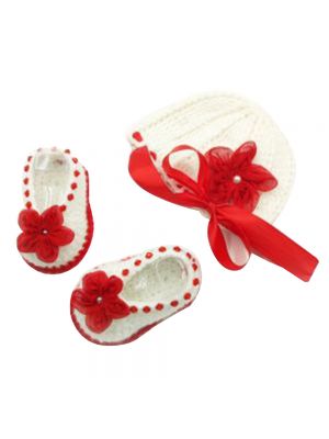 Cap and Booties Set (Red and White Combination) New Born Girl Baby